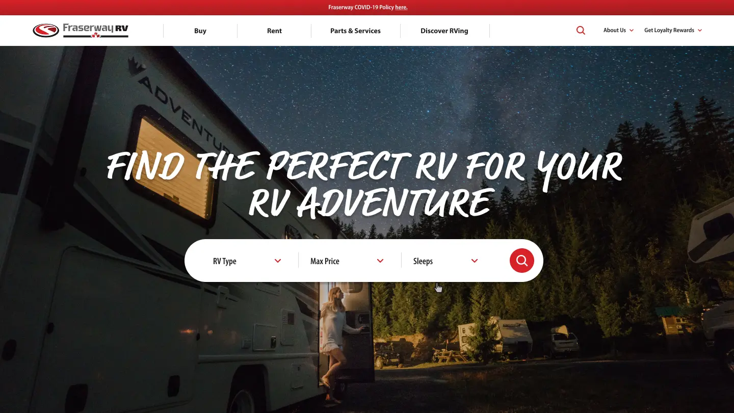 Homepage hero with call-to-action leading to product listing page