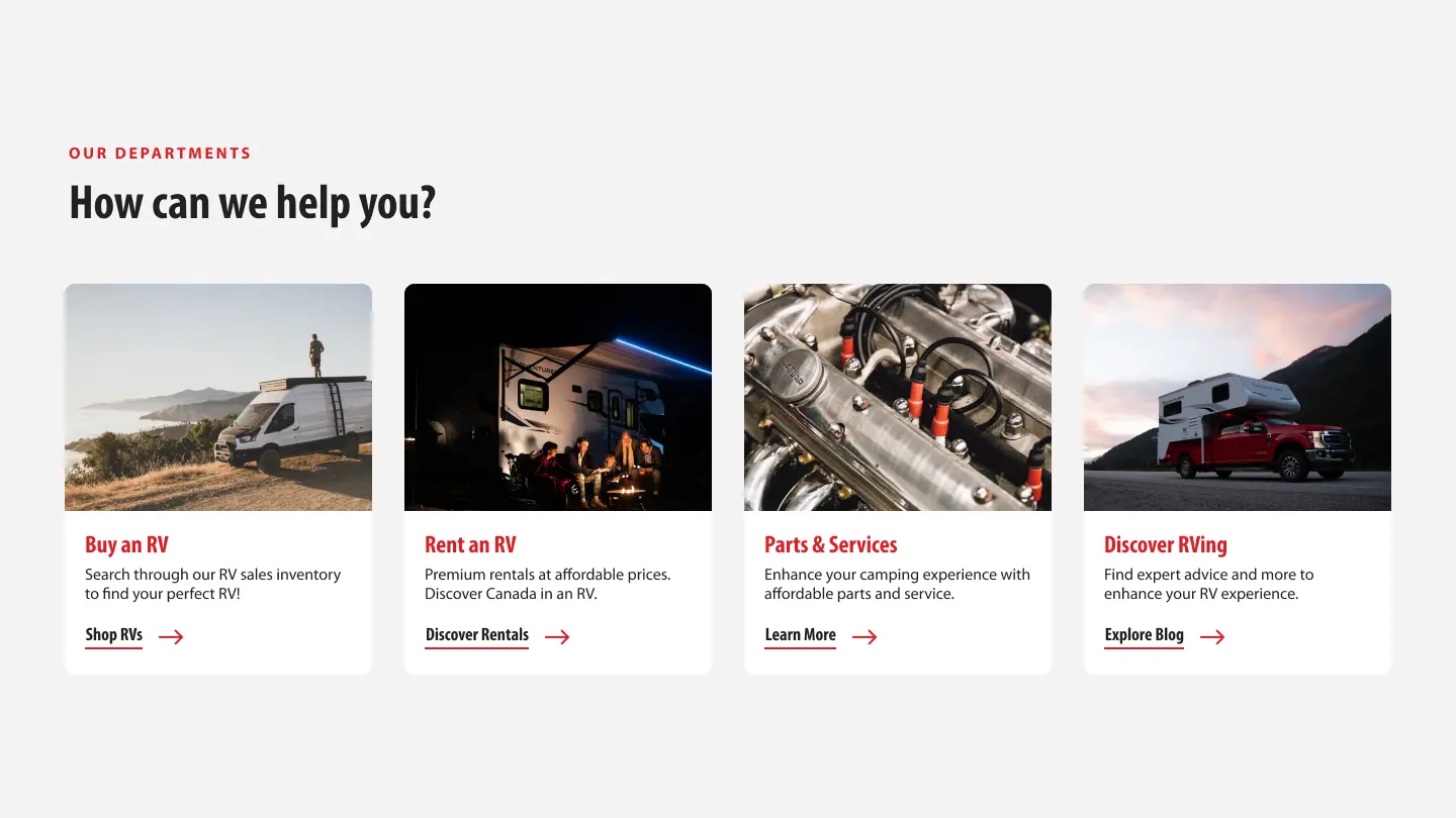 Department cards guiding users to the right journey (Rentals, Sales, Parts, Service)