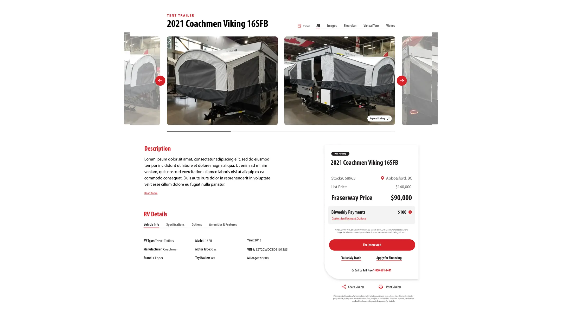 Product detail page showcasing pricing and RV specifications