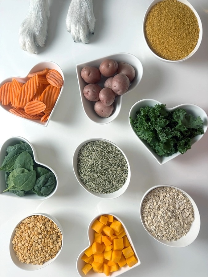 Product photography with a top-down shot of ingredients on a mat with a heart-shaped bowl