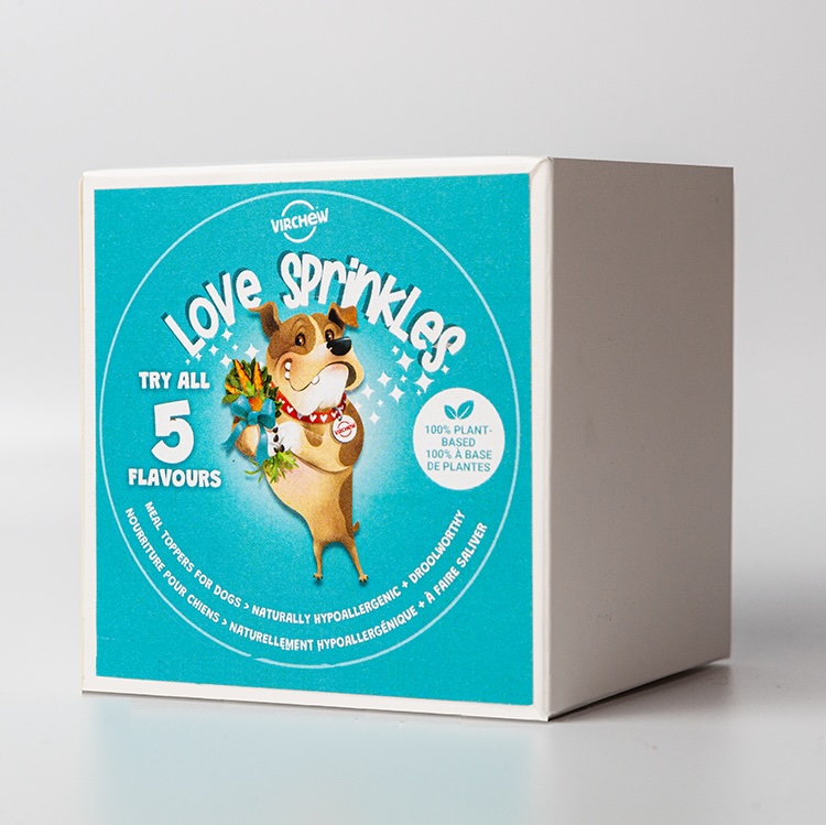 Product photography showcasing a topper that accompanies the Virchew dog food