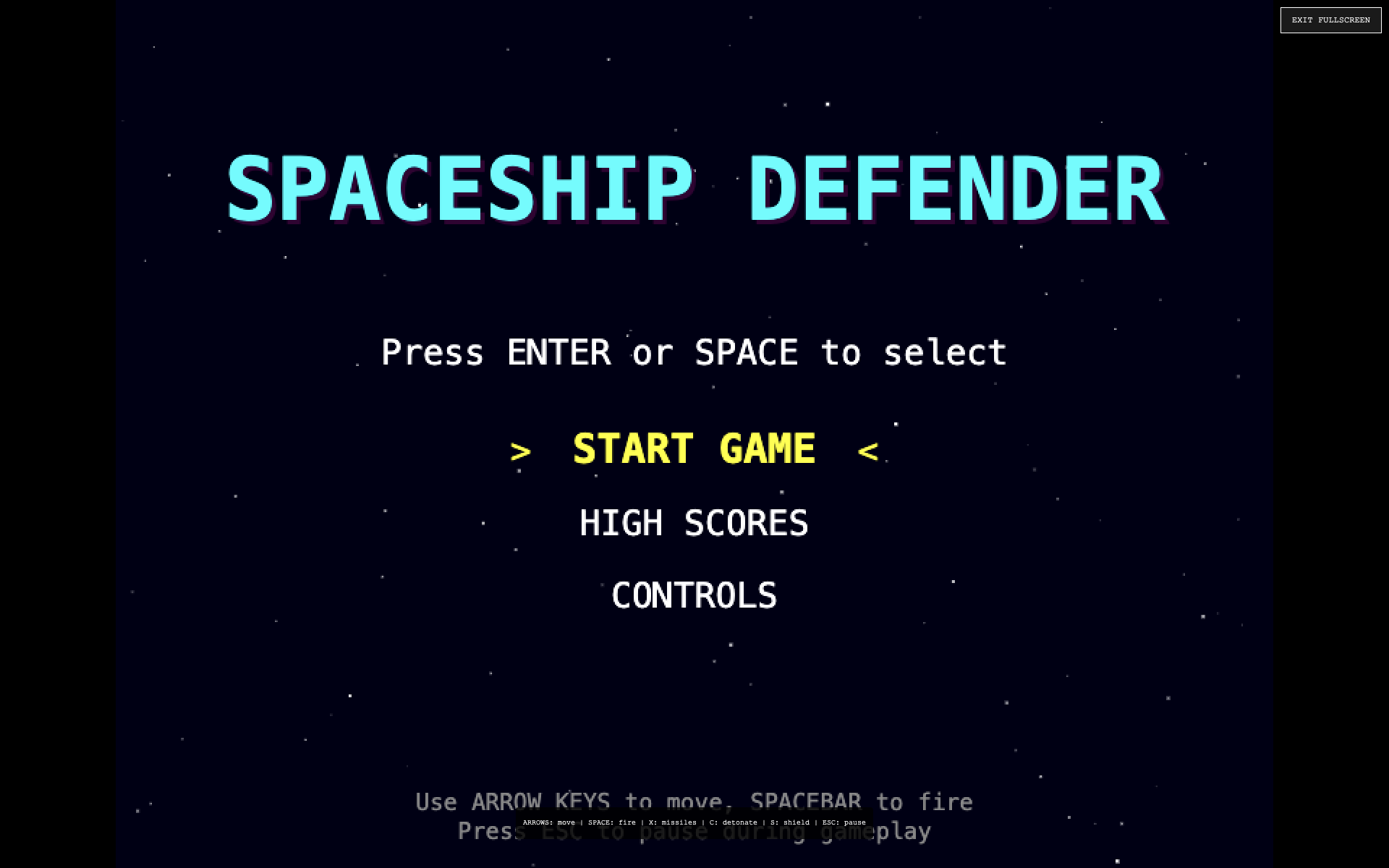 Spaceship Defender game menu