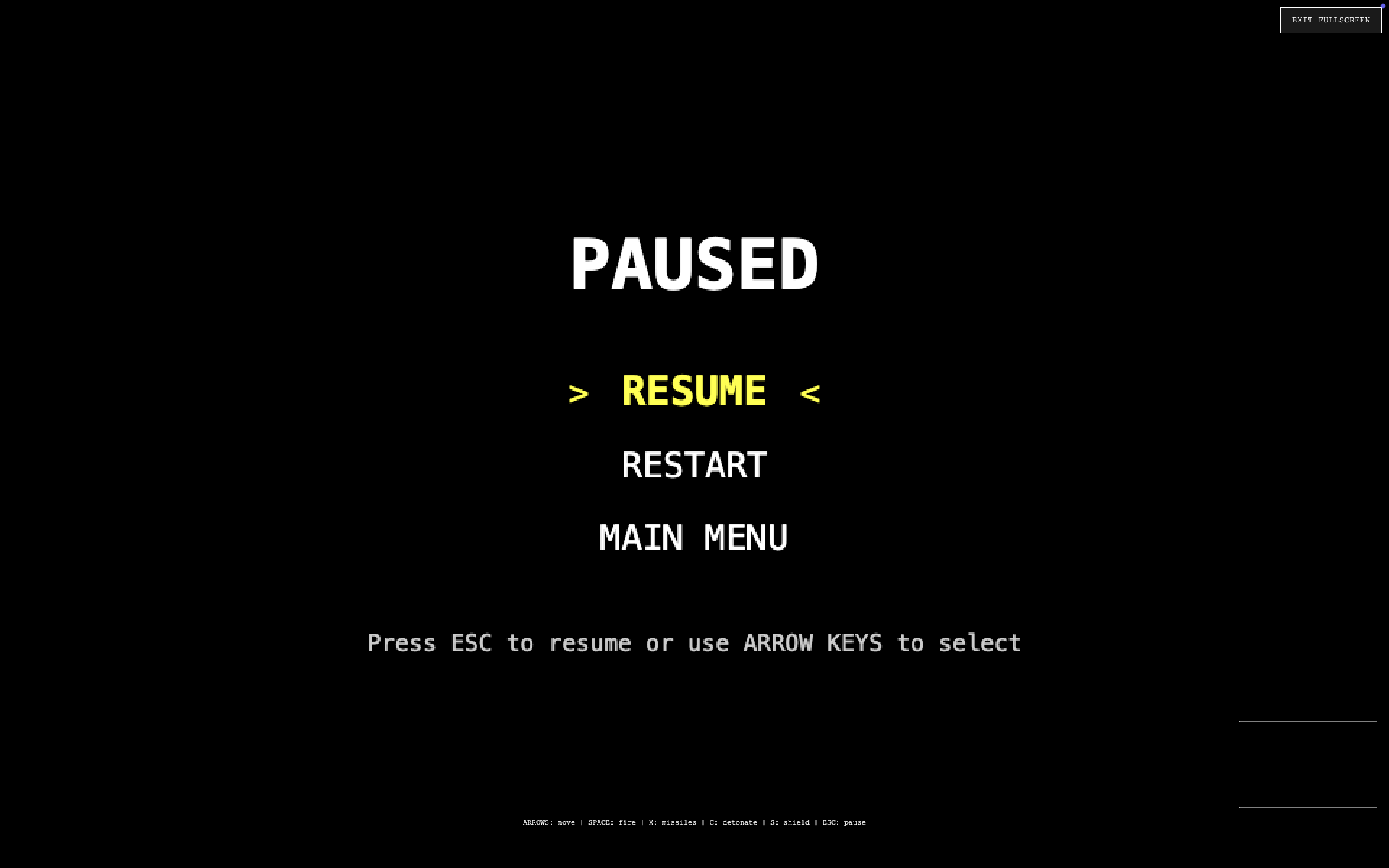 Spaceship Defender pause screen